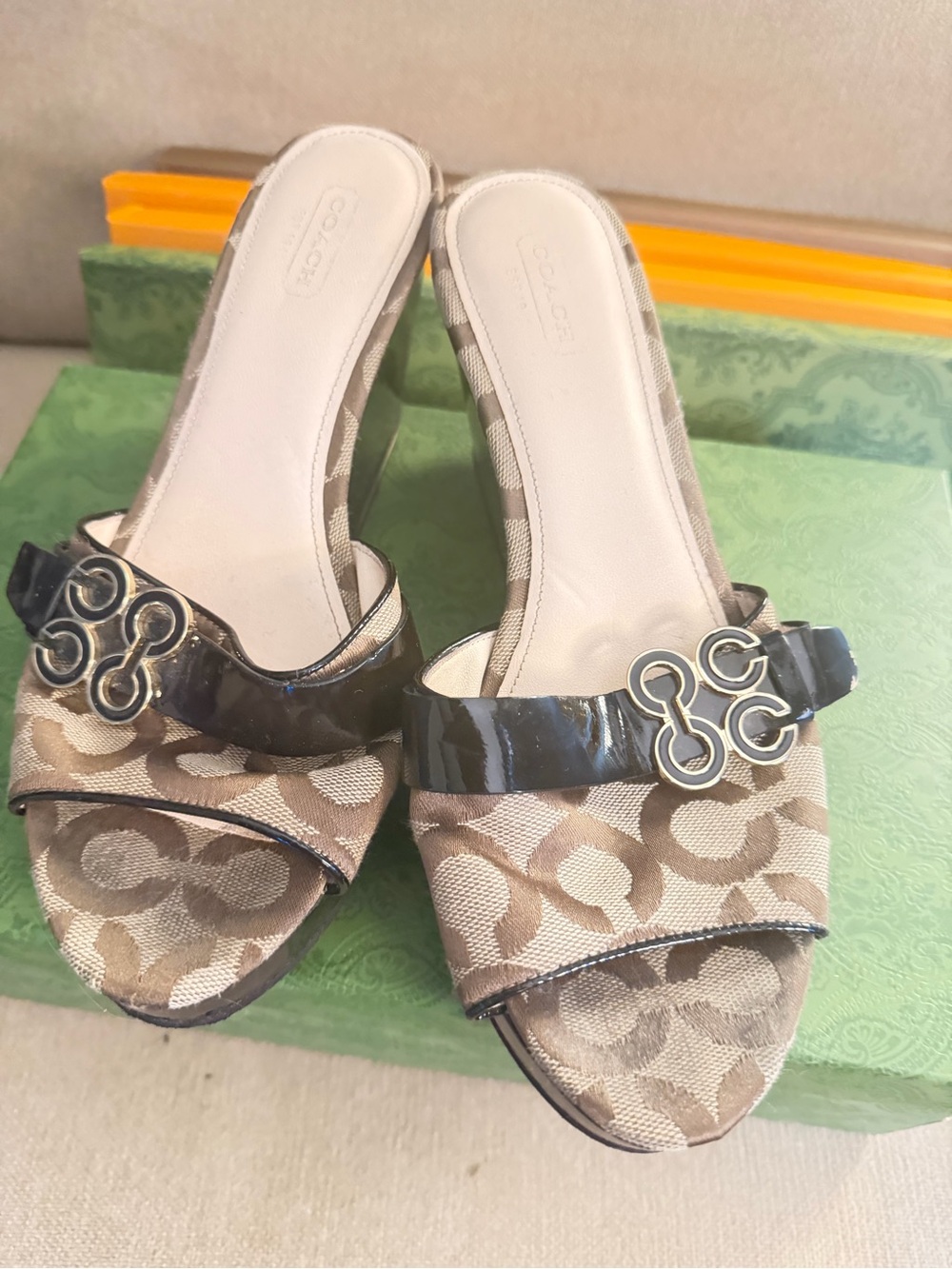 Coach Tan Signature Canvas Slide Mules with Black Patent Strap